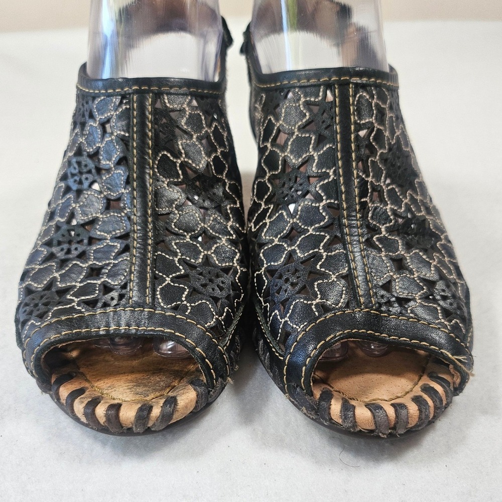 Pikolinos Black Leather Laser Cut Floral Wedge Sandals Peep Toe Boho size 38 - Picture 10 of 16